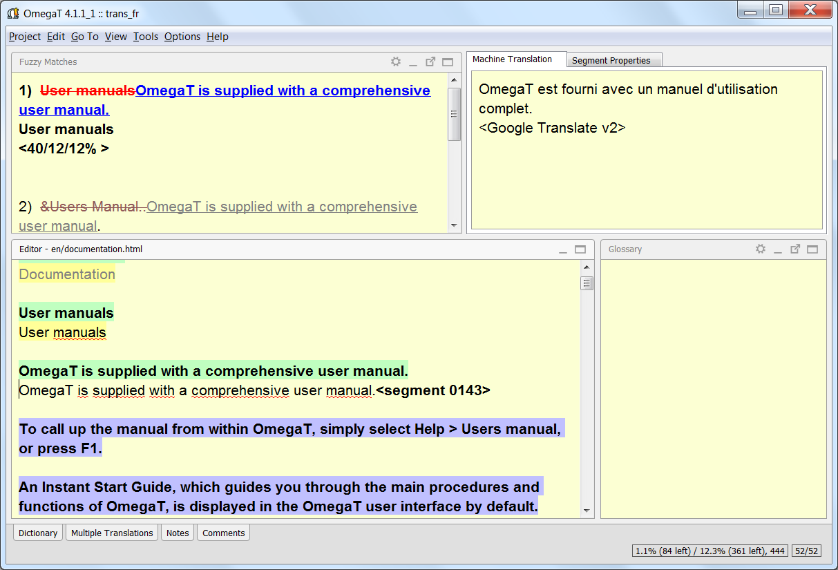 Snímek obrazovky OmegaT